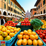 **Prompt:** A vibrant Italian marketplace scene filled with colorful fruits, vegetables, and flowers. Dominant colors are red, yellow, and green, reflecting the freshness and energy of the market. Focus on the details of the products and the lively interactions between vendors and customers. Include classic Italian architecture in the background.