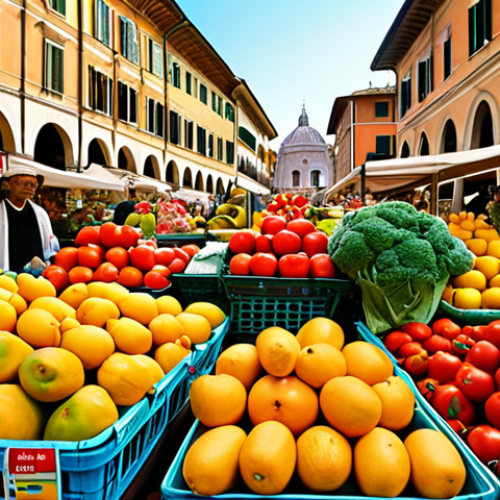 Home 14 **Prompt:** A vibrant Italian marketplace scene filled with colorful fruits, vegetables, and flowers. Dominant colors are red, yellow, and green, reflecting the freshness and energy of the market. Focus on the details of the products and the lively interactions between vendors and customers. Include classic Italian architecture in the background.