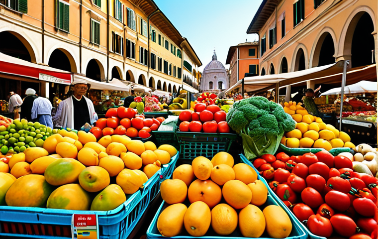 **Prompt:** A vibrant Italian marketplace scene filled with colorful fruits, vegetables, and flowers. Dominant colors are red, yellow, and green, reflecting the freshness and energy of the market. Focus on the details of the products and the lively interactions between vendors and customers. Include classic Italian architecture in the background.