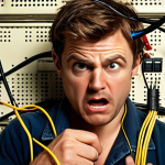 **

A slightly comical scene of someone tangled in electrical wires, surrounded by tools, with a frustrated expression. Emphasize the potential danger of DIY electrical work. Use warm, slightly exaggerated lighting.

**