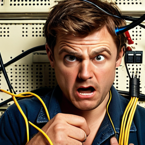 Home 7 **
A slightly comical scene of someone tangled in electrical wires, surrounded by tools, with a frustrated expression. Emphasize the potential danger of DIY electrical work. Use warm, slightly exaggerated lighting.
**