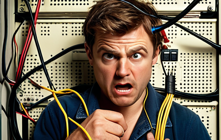 **

A slightly comical scene of someone tangled in electrical wires, surrounded by tools, with a frustrated expression. Emphasize the potential danger of DIY electrical work. Use warm, slightly exaggerated lighting.

**