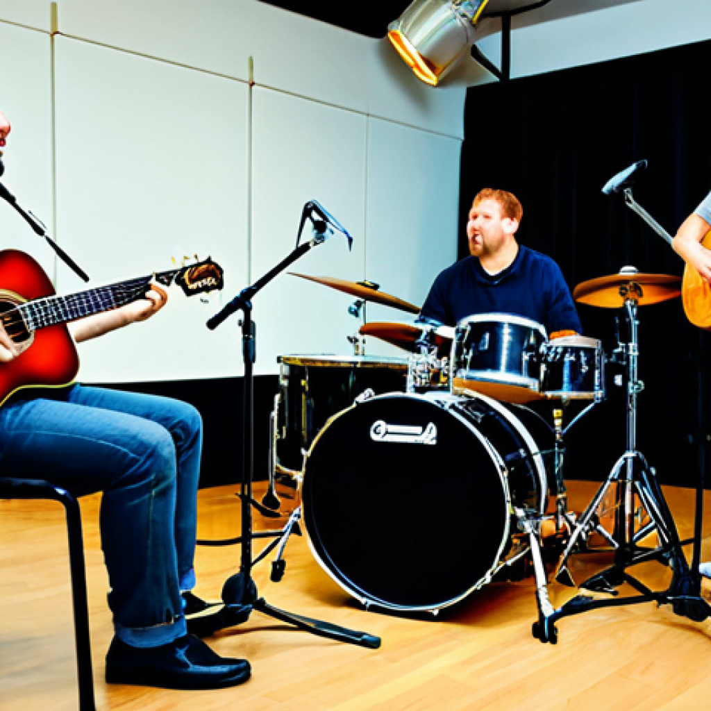 A diverse group of professional musicians, fully clothed in modest business-casual attire, deeply engaged in an intimate band rehearsal. They are playing their instruments (guitar, bass, drums, keyboard, vocals), with an emphasis on active listening and non-verbal communication. Their expressions convey deep focus and shared musical empathy, as if breathing in unison. The setting is a cozy, soundproofed rehearsal room with warm, ambient lighting. Perfect anatomy, correct proportions, natural pose, well-formed hands, proper finger count, natural body proportions. High-quality professional photography, detailed, realistic, vibrant colors, soft focus background, safe for work, appropriate content, fully clothed, professional.