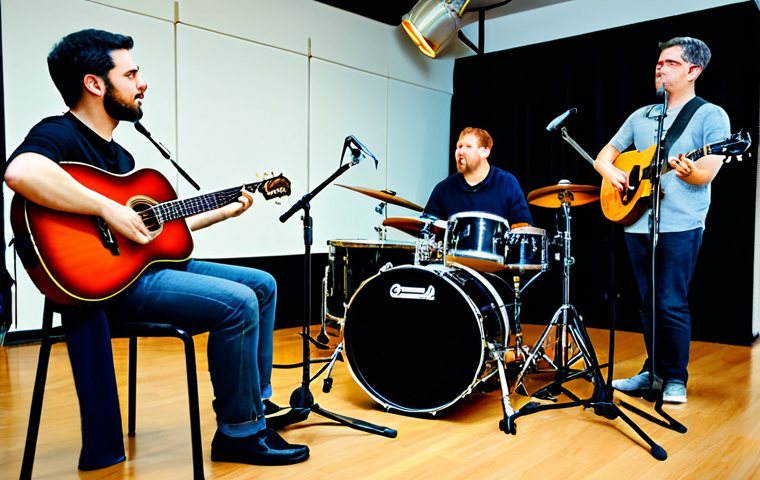 A diverse group of professional musicians, fully clothed in modest business-casual attire, deeply engaged in an intimate band rehearsal. They are playing their instruments (guitar, bass, drums, keyboard, vocals), with an emphasis on active listening and non-verbal communication. Their expressions convey deep focus and shared musical empathy, as if breathing in unison. The setting is a cozy, soundproofed rehearsal room with warm, ambient lighting. Perfect anatomy, correct proportions, natural pose, well-formed hands, proper finger count, natural body proportions. High-quality professional photography, detailed, realistic, vibrant colors, soft focus background, safe for work, appropriate content, fully clothed, professional.