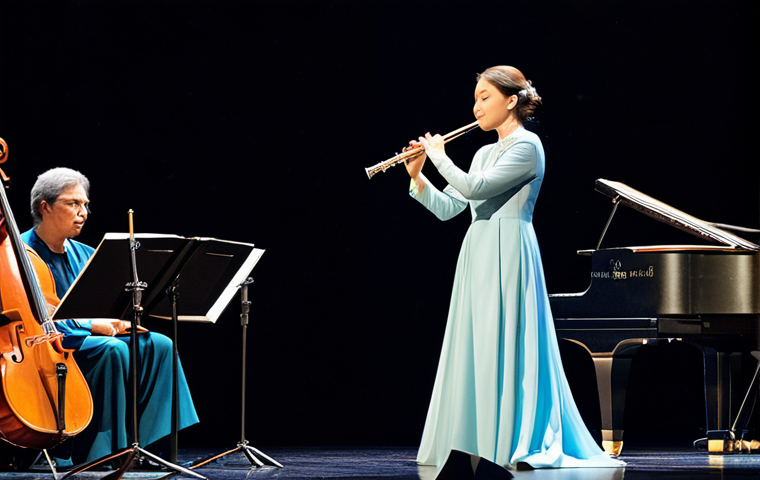 Flute Player in Concert**

"A professional female flutist, fully clothed in a modest elegant concert gown, performing on stage in a grand concert hall, appropriate attire, safe for work, perfect anatomy, natural proportions, bright stage lighting, professional photography, family-friendly."

**