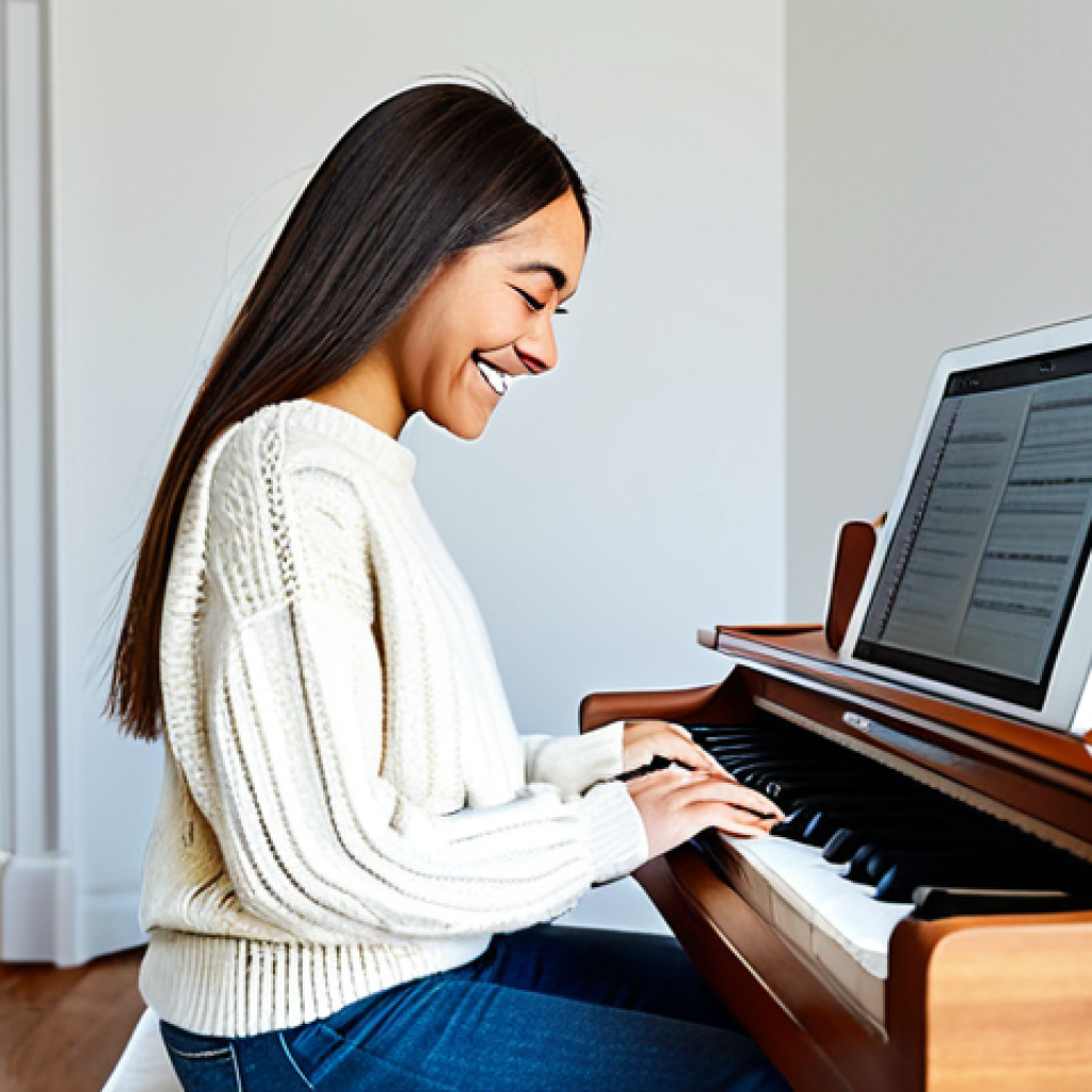 **

"A young woman with a bright smile is learning piano using a tablet app in her modern living room, fully clothed in a casual sweater and jeans, appropriate content, safe for work, perfect anatomy, natural pose, family-friendly, soft natural lighting, showcasing the tablet screen with piano learning app, modest, professional photography."

**