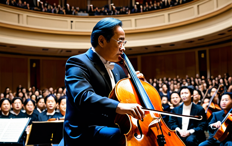 Yo-Yo Ma in Concert**

"Yo-Yo Ma performing on cello in a grand concert hall, fully clothed in a formal concert attire, spotlight on him, audience in the background, safe for work, appropriate content, professional musician, perfect anatomy, natural proportions, high quality photography."

**
