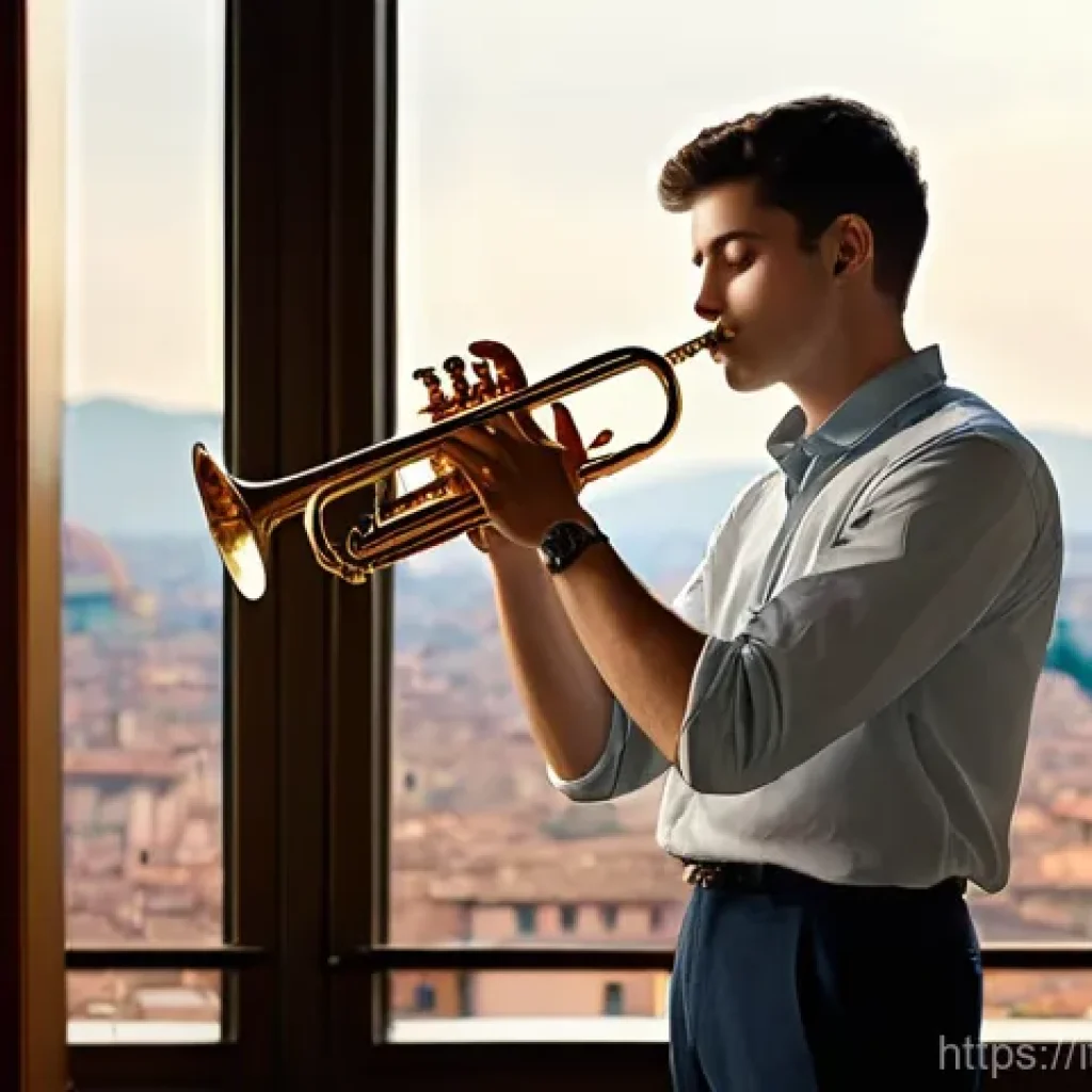 트럼펫 연주 테크닉 - **Prompt 1: Focused Breathing and Posture**
    A young Italian male trumpet player, in his late tee...