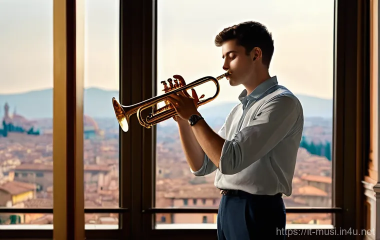 트럼펫 연주 테크닉 - **Prompt 1: Focused Breathing and Posture**
    A young Italian male trumpet player, in his late tee...