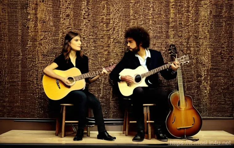 기타 듀오 곡 추천 - **Prompt 2: "Energetic Groove: Acoustic Meets Semi-Electric"**
    A dynamic, vibrant concert photog...