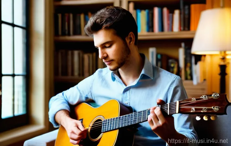 기타 곡 편곡 방법 - **Prompt:** A solo acoustic guitarist, an adult with a serene and focused expression, deeply immerse...