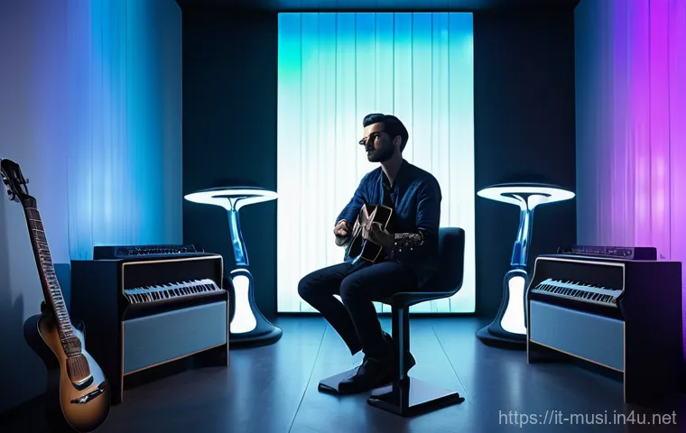 기타 곡 편곡 방법 - **Prompt:** A solo acoustic guitarist, an adult with a serene and focused expression, deeply immerse...