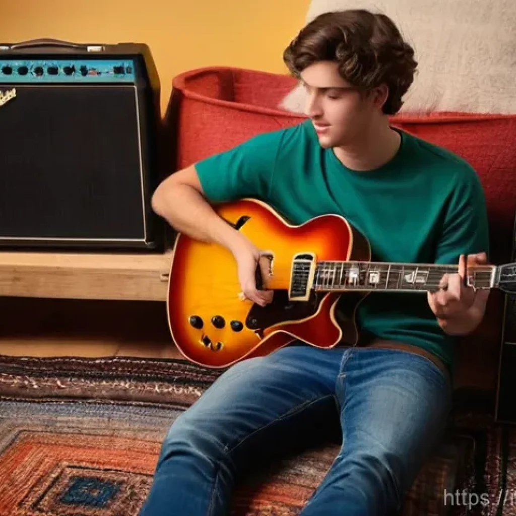 기타 페달보드 조립법 - **Prompt:** A young, enthusiastic guitarist, casually dressed in a comfortable t-shirt and jeans, si...