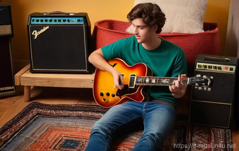 기타 페달보드 조립법 - **Prompt:** A young, enthusiastic guitarist, casually dressed in a comfortable t-shirt and jeans, si...