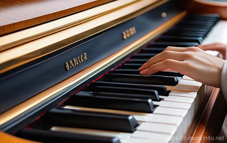 디지털 피아노 추천 - A close-up of a young woman's hands, with well-manicured but natural nails, gracefully pressing the ...