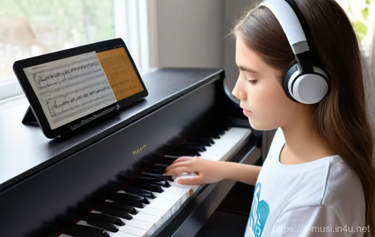 디지털 피아노 추천 - An imaginative and vibrant scene depicting the versatile soundscape of a sleek, dark-wood console di...