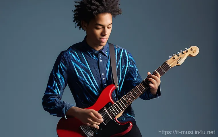 기타 고급 연주 테크닉 - **Polyrhythms: The Dance of Time and Music**
    A dynamic, medium shot of a non-binary musician, ar...