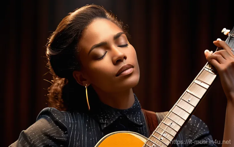 기타 고급 연주 테크닉 - " The musician's face shows deep concentration mixed with pure joy and a slight smile, as if they ar...