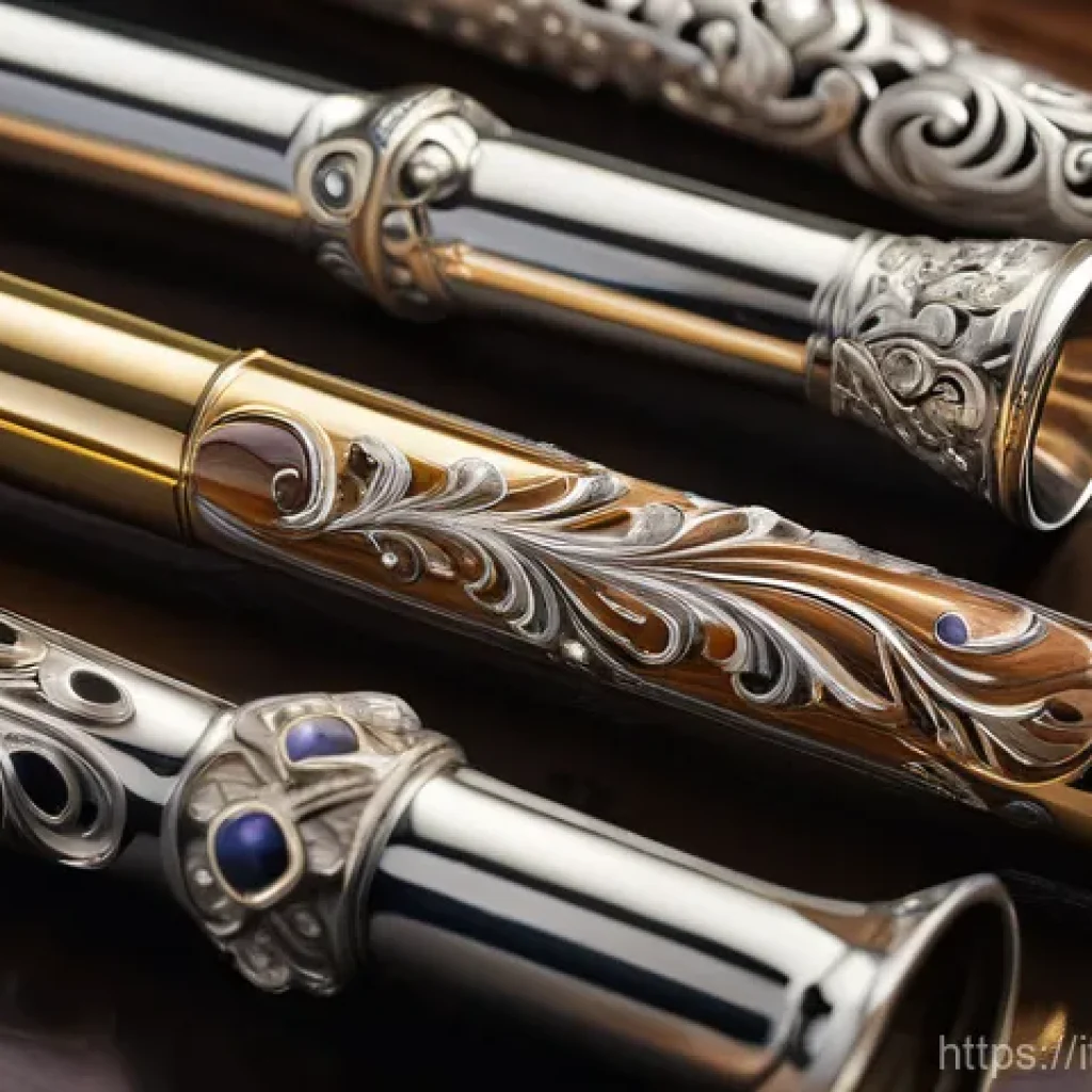 플룻 브랜드별 특징 - A serene and elegant close-up of various flutes displayed side-by-side in a softly lit, sophisticate...
