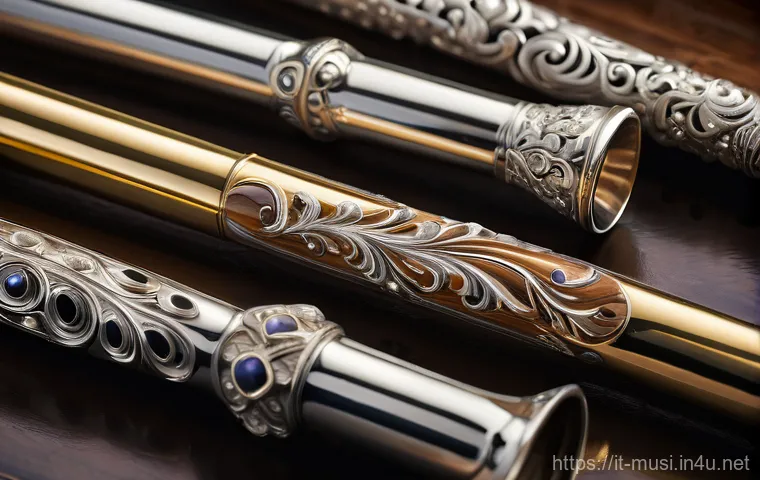 플룻 브랜드별 특징 - A serene and elegant close-up of various flutes displayed side-by-side in a softly lit, sophisticate...