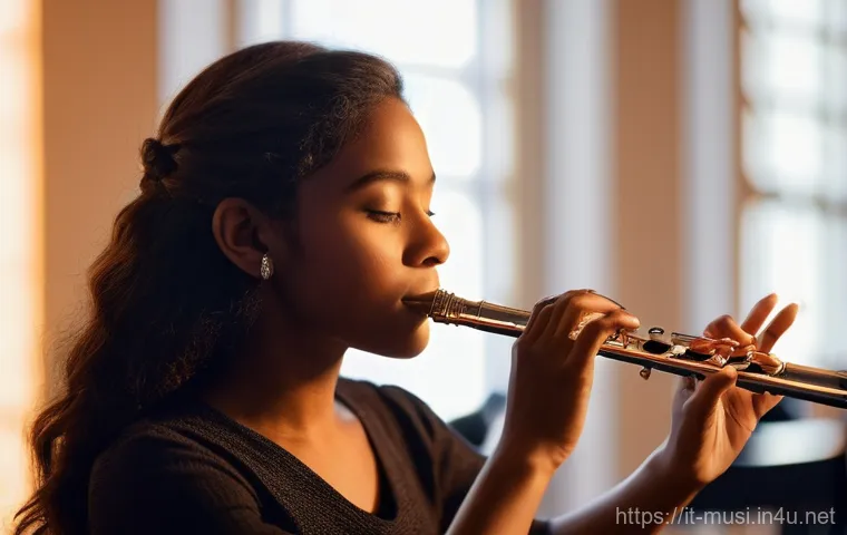 플룻 브랜드별 특징 - A modern, high-detail shot showcasing the intricate mechanical elements of a contemporary flute. Foc...