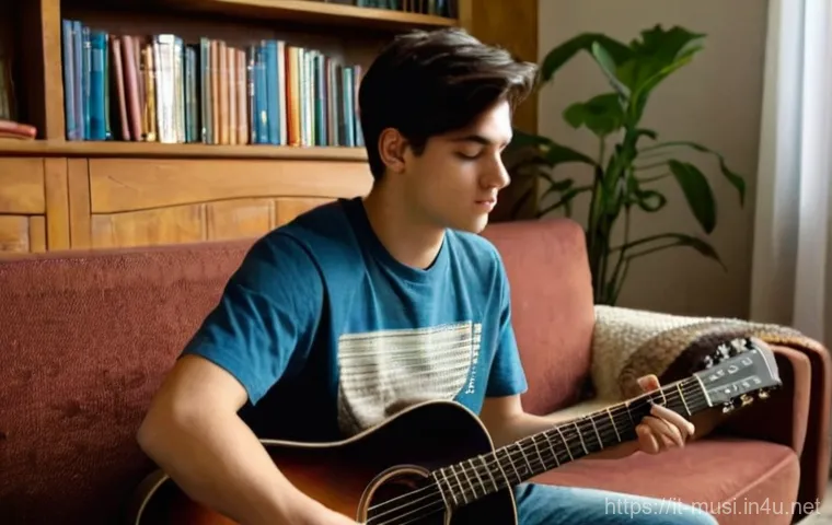 기타 연주 관련 포럼 - **Prompt 1: The Aspiring Guitarist's Discovery Moment**
    A young Italian man, approximately 18-22...