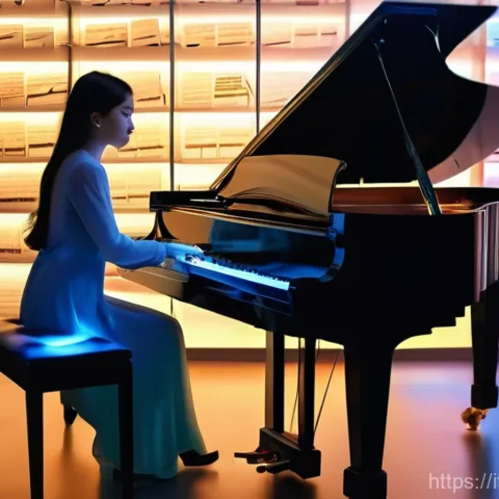 피아노 악보 다운로드 사이트 - **Prompt:** A female pianist, dressed in smart casual attire, sits at a grand piano in a brightly li...