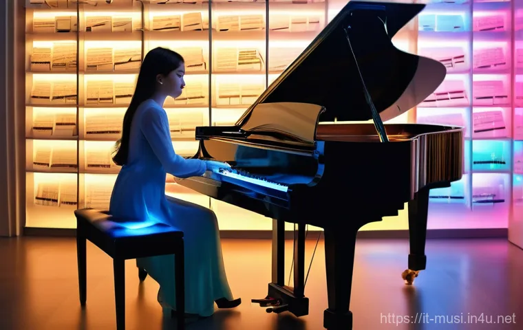 피아노 악보 다운로드 사이트 - **Prompt:** A female pianist, dressed in smart casual attire, sits at a grand piano in a brightly li...