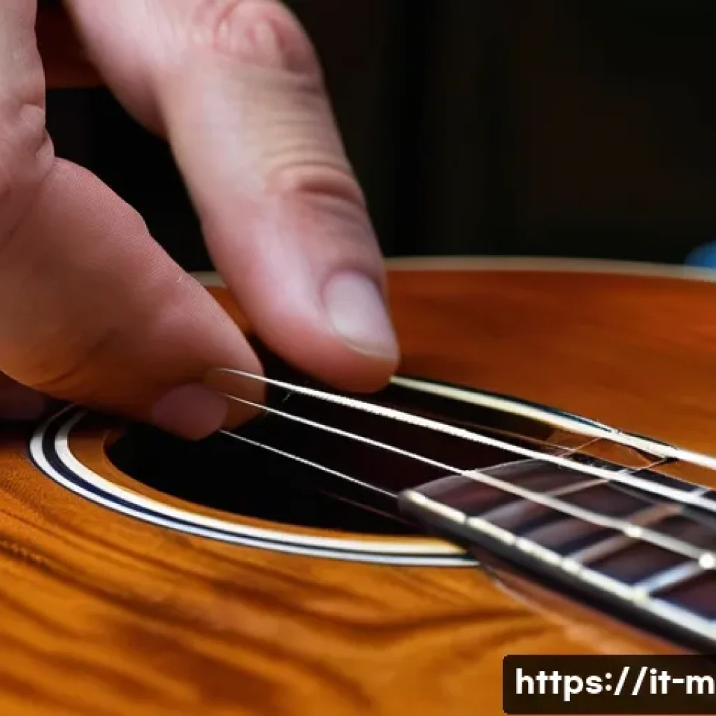 기타 브릿지 핀 제거법 - A close-up, high-definition shot of a person's hands, possibly a skilled guitarist, meticulously usi...