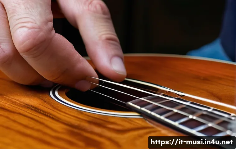 기타 브릿지 핀 제거법 - A close-up, high-definition shot of a person's hands, possibly a skilled guitarist, meticulously usi...