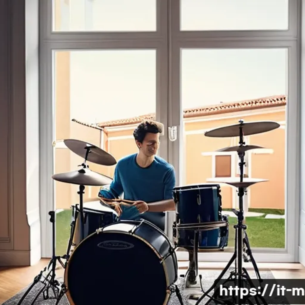드럼 리듬 기초 배우기 - A detailed scene of a beginner drummer practicing on a modern acoustic drum set in a cozy Italian li...