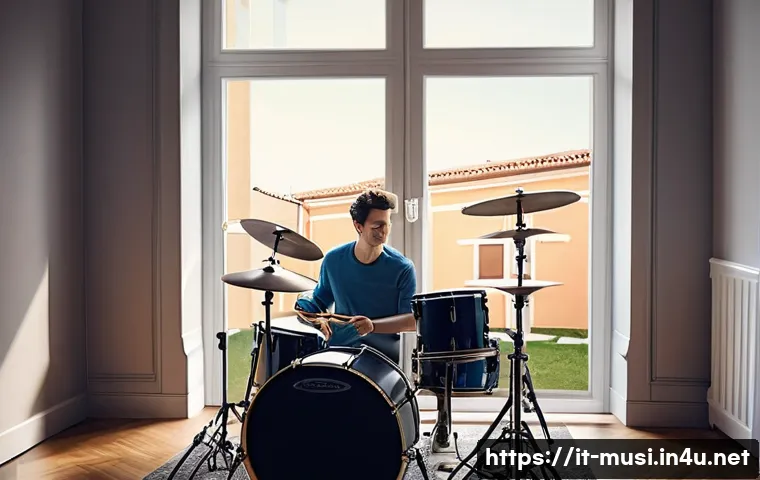 드럼 리듬 기초 배우기 - A detailed scene of a beginner drummer practicing on a modern acoustic drum set in a cozy Italian li...