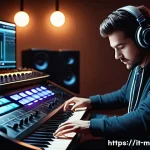 신디사이저 효과음 종류 - A sleek modern music studio with a professional synthesizer setup, featuring various knobs and digit...