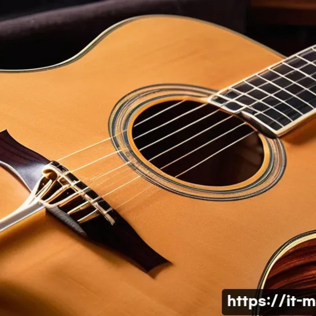 어쿠스틱 기타 브랜드 분석 - A close-up view of a handcrafted acoustic guitar made from premium solid woods like spruce and rosew...