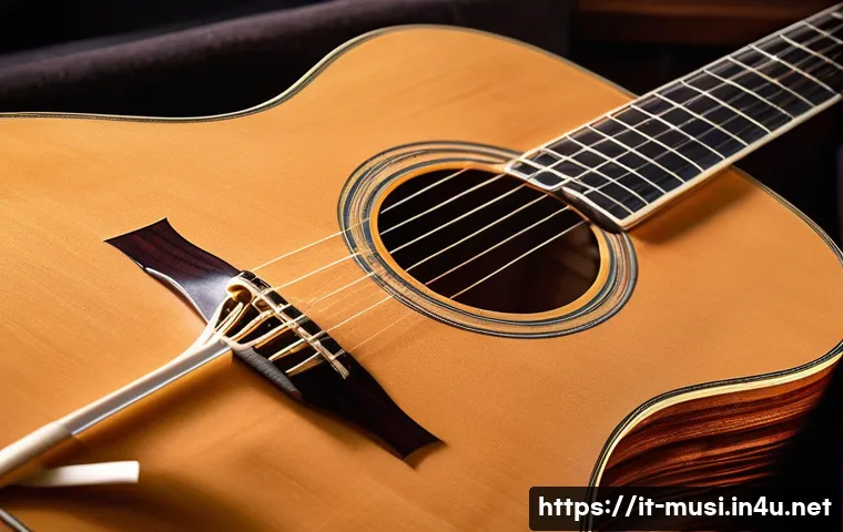 어쿠스틱 기타 브랜드 분석 - A close-up view of a handcrafted acoustic guitar made from premium solid woods like spruce and rosew...