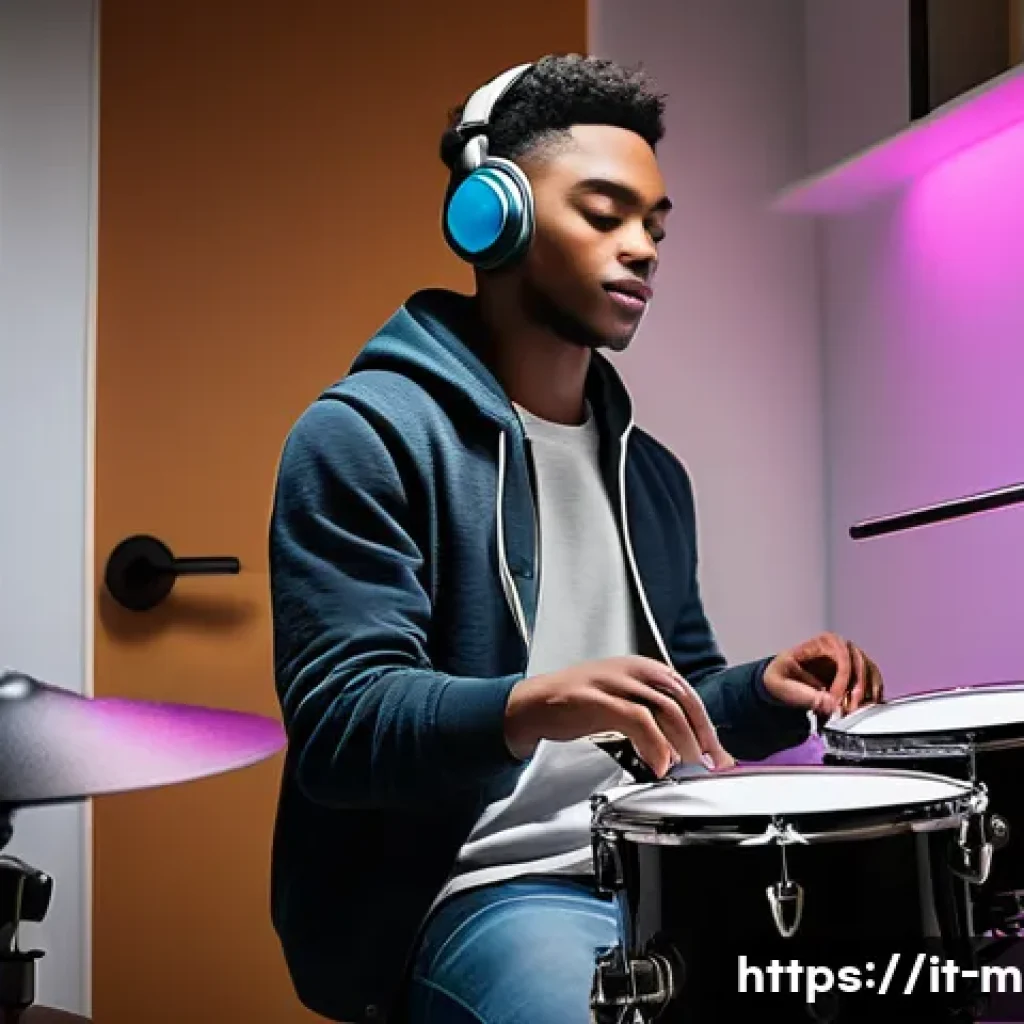 전자드럼과 어쿠스틱 드럼 비교 - A cozy apartment music room scene showing a young adult drummer practicing on a compact electronic d...