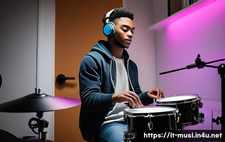 전자드럼과 어쿠스틱 드럼 비교 - A cozy apartment music room scene showing a young adult drummer practicing on a compact electronic d...