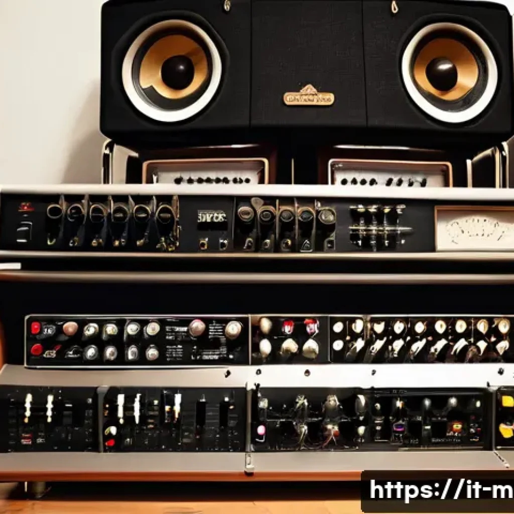 기타 앰프 대여처 - A professional music studio setting with a variety of guitar amplifiers displayed, including tube (v...