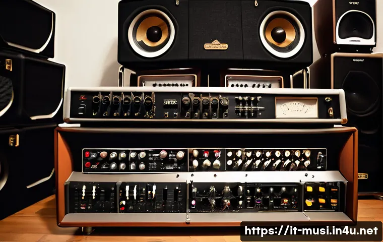 기타 앰프 대여처 - A professional music studio setting with a variety of guitar amplifiers displayed, including tube (v...