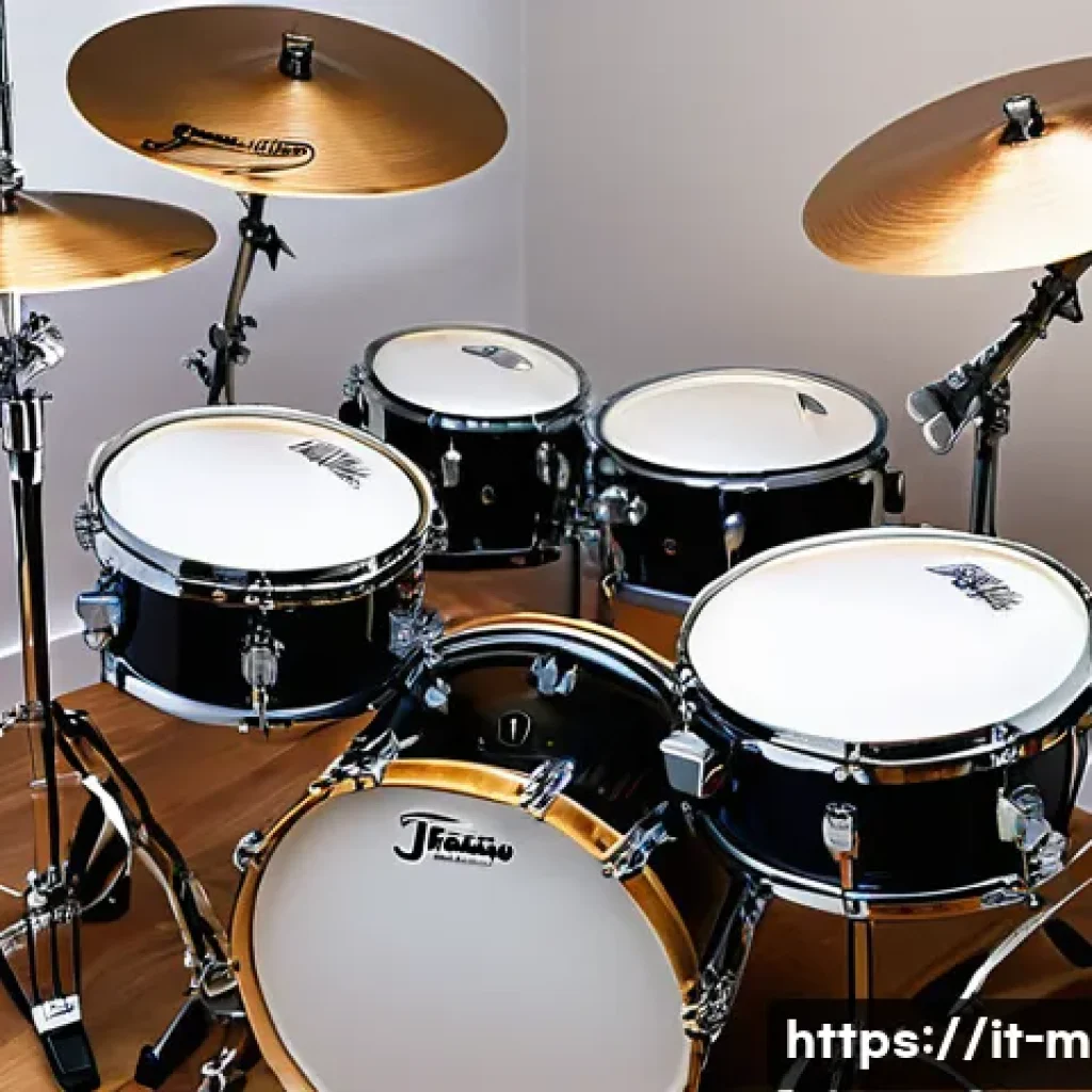 드럼 브랜드 리뷰 - A detailed, high-resolution image of a professional drum kit setup in a modern music studio, showcas...