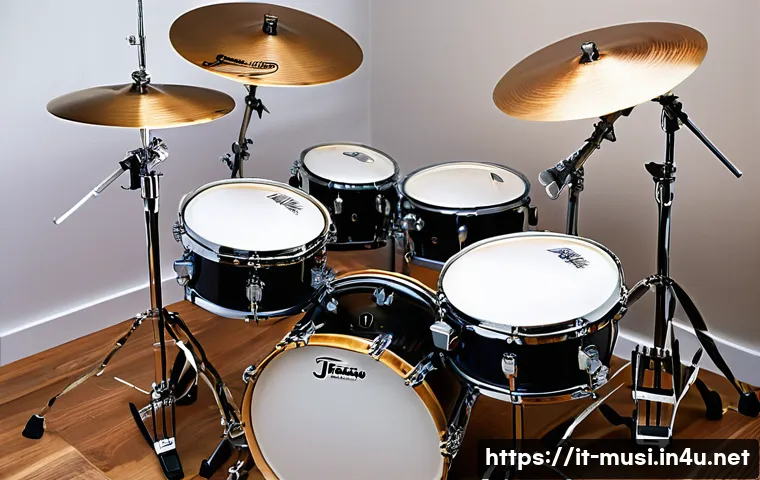 드럼 브랜드 리뷰 - A detailed, high-resolution image of a professional drum kit setup in a modern music studio, showcas...