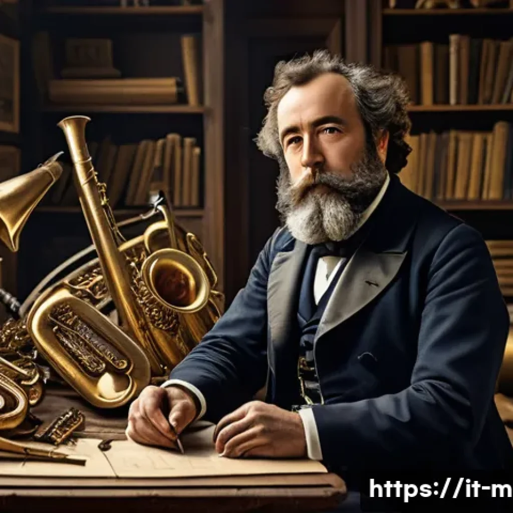 색소폰 명장 추천 - A detailed portrait of Adolphe Sax in a 19th-century workshop filled with brass instruments and earl...