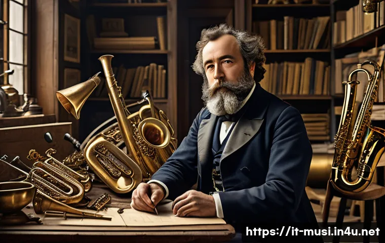 색소폰 명장 추천 - A detailed portrait of Adolphe Sax in a 19th-century workshop filled with brass instruments and earl...