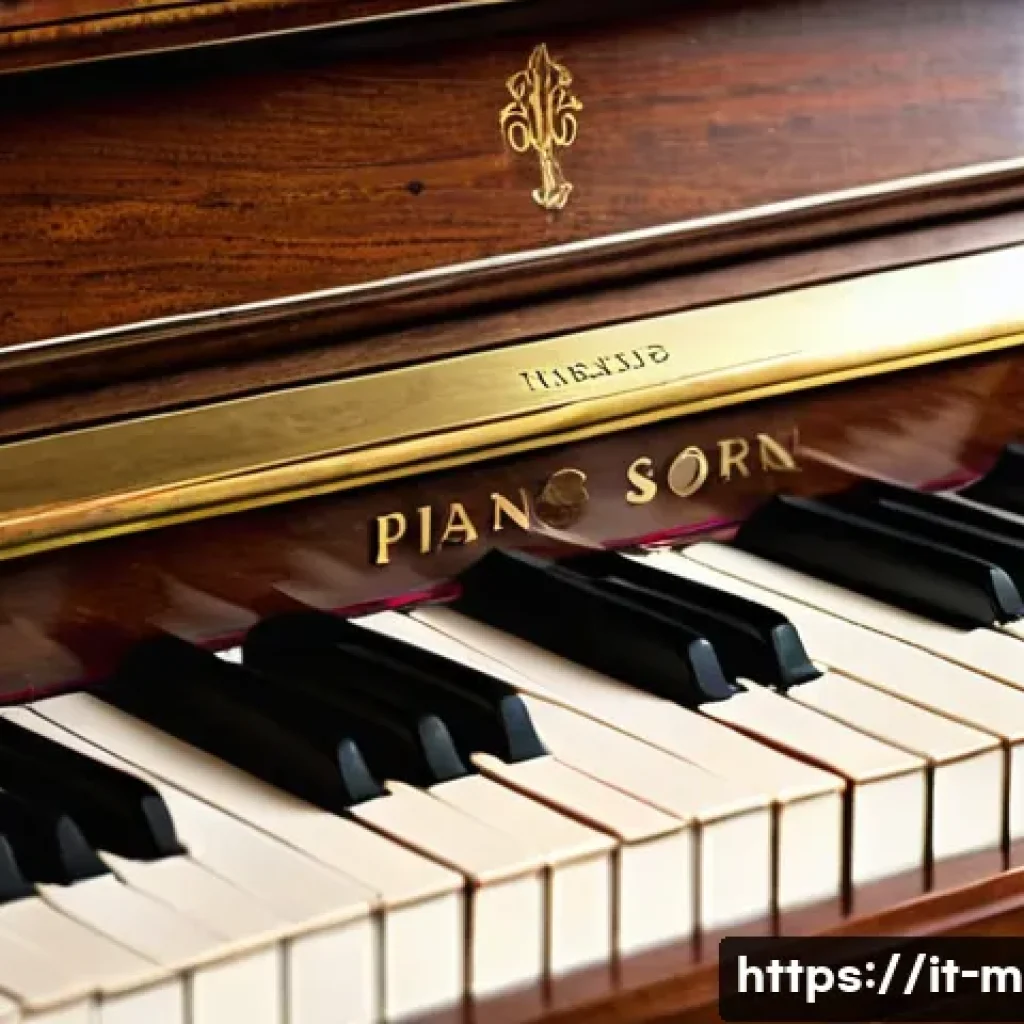 중고 피아노 구매 가이드 - A detailed close-up image of a used upright piano’s exterior showing polished wooden surfaces with s...