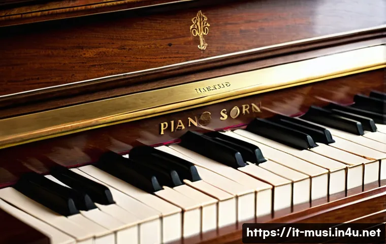 중고 피아노 구매 가이드 - A detailed close-up image of a used upright piano’s exterior showing polished wooden surfaces with s...