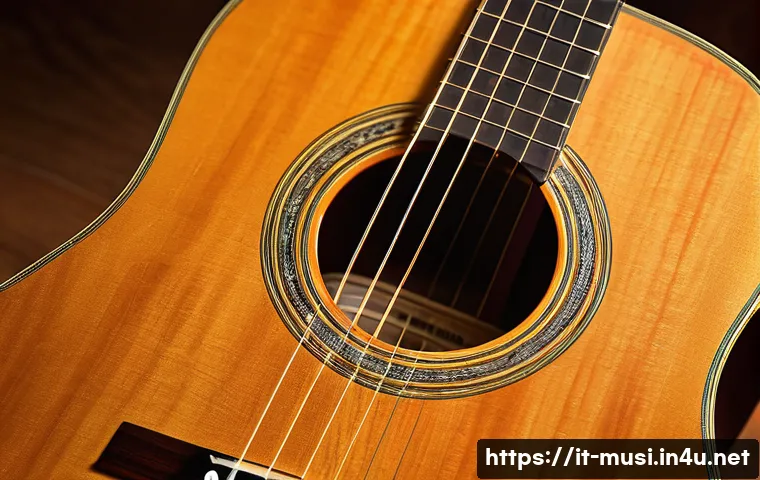 기타 종류별 특징 - A close-up, highly detailed image of an acoustic guitar showcasing different wood types: a spruce to...