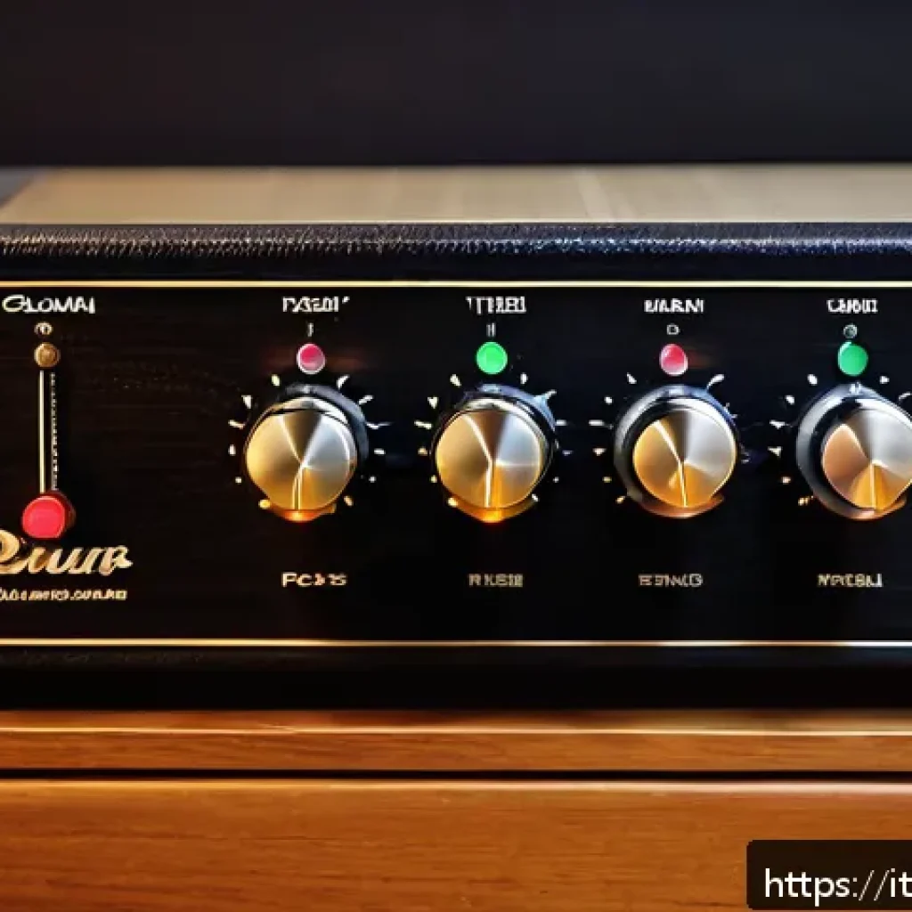 기타 앰프 소리 설정 - A detailed close-up of a classic guitar amplifier control panel featuring knobs labeled Gain, Volume...