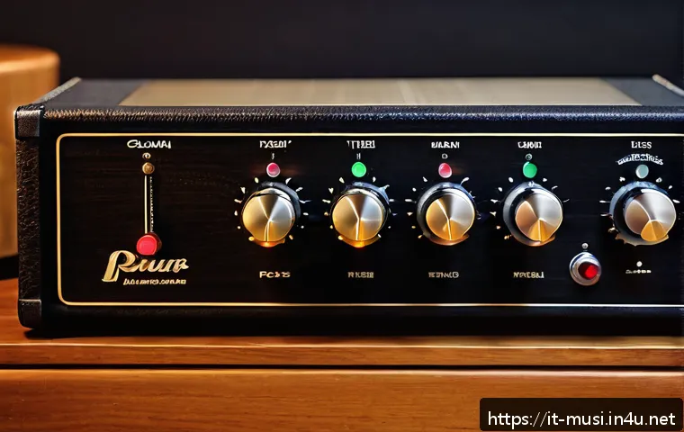 기타 앰프 소리 설정 - A detailed close-up of a classic guitar amplifier control panel featuring knobs labeled Gain, Volume...