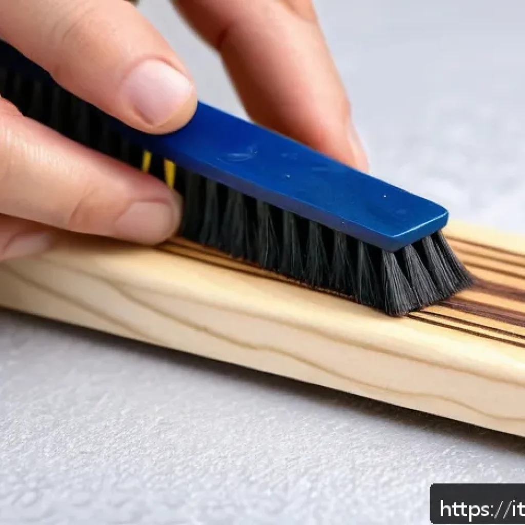 기타 핑거보드 관리 - A detailed close-up scene of a person gently cleaning a fingerboard using a soft-bristle brush and a...