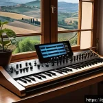 Home 22 신디사이저 초보자 입문 - A cozy Italian home music studio featuring a Korg Minilogue synthesizer on a wooden desk with warm a...